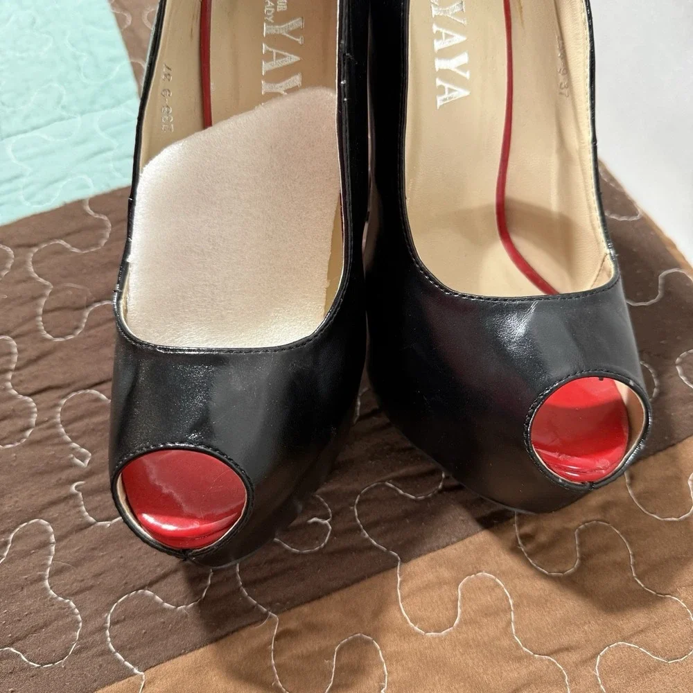 Black Leather Peep Toe Heels Red Accent Insole Platform Pumps Stiletto Shoes 37